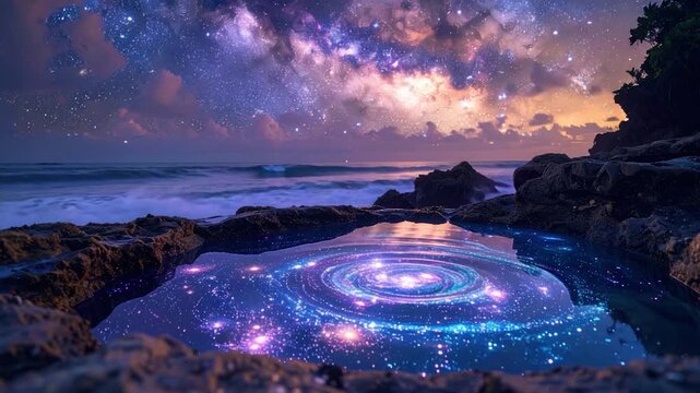 Sea rocks reflect starlight galaxy, as waves crash, under a starry sky