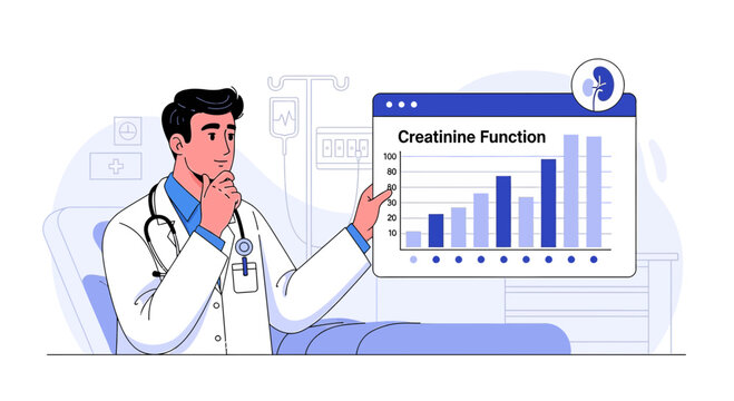 Doctor analyzing creatinine function chart on screen, medical research concept