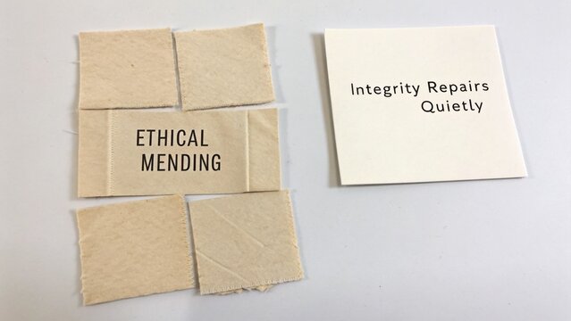 Ethical Mending and Integrity Concept Displayed With Torn Beige Paper Pieces and Text Cards
