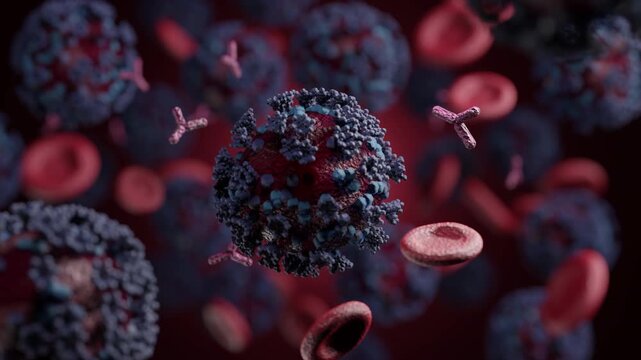 New coronavirus variant,Cicada,BA.3.2,Nimbus(NB.1.8.1) with red blood cells and antibodies.Microbiology and illustrating viral infection,immune system response,medical research for vaccine development