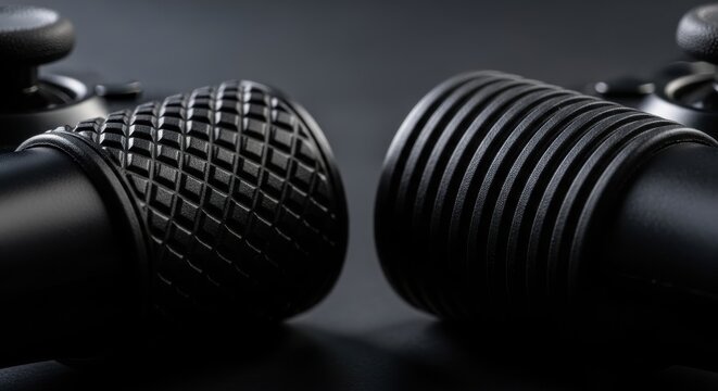 Close up of two black gaming controller thumb grips with distinct textured surfaces