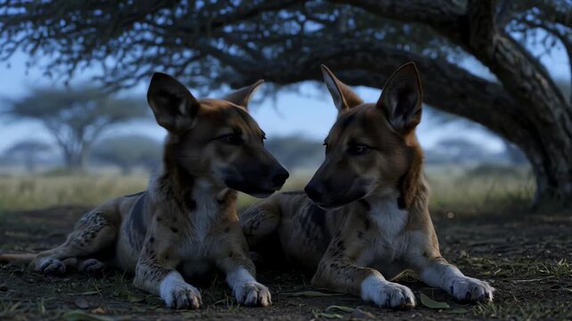 African Wild Dogs Lying Down Savanna Nature Background 4K Commercial Stock Video