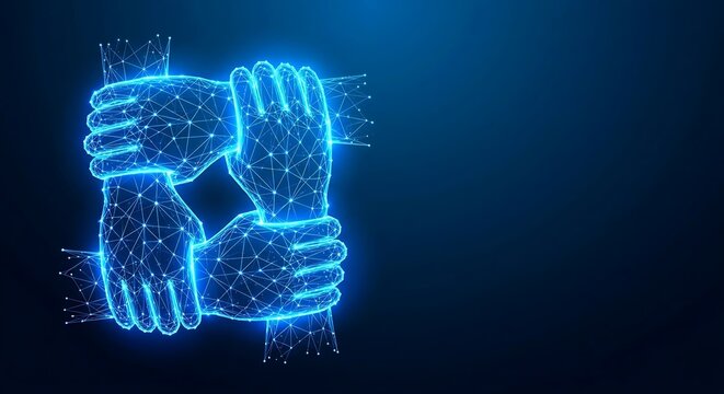 Teamwork concept showing four hands in glowing blue interconnected dots and lines interlocked, forming a tight square configuration on the left against light blue background with copy space