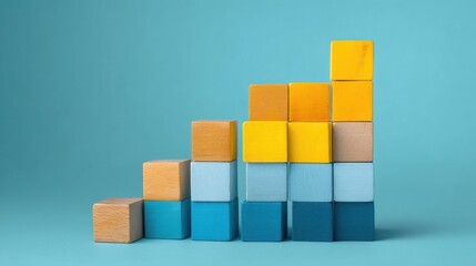 Naklejka premium Wooden blocks arranged in ascending columns with blue, yellow, and natural tones on light blue background.