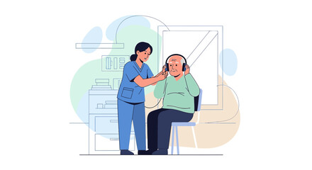 Fototapeta premium Audiologist testing elderly man's hearing with headphones in clinic
