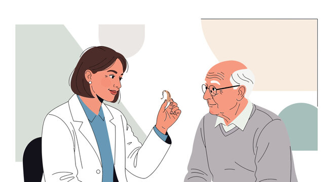 Audiologist shows hearing aid to elderly man, hearing loss consultation, medical care