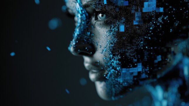 Blue pixelated woman's face merges digital abstract with human realism, glowing tech transformation AI concept.