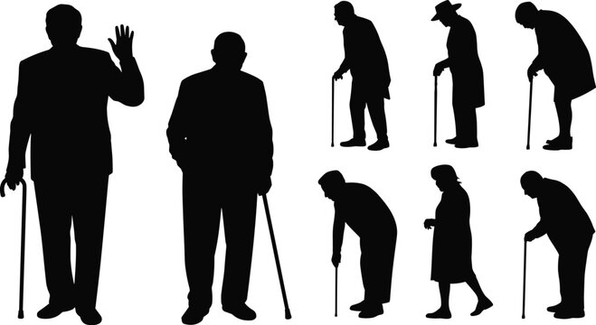 Set of elderly senior silhouettes with walking sticks and canes representing aging healthcare and geriatric care isolated on white background
