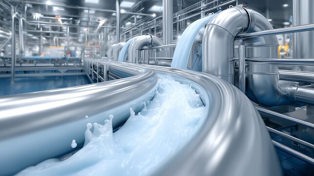 Dairy processing plant, milk flowing through stainless steel pipes, pasteurization system, clean industrial food facility,