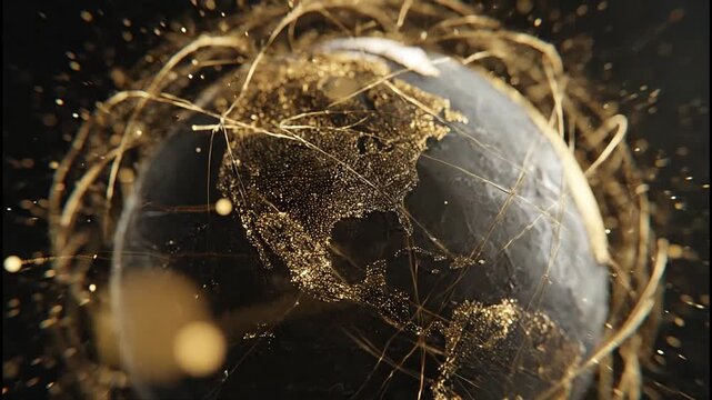 A stylized globe with golden highlights emphasizes the continents of North and South America, surrounded by shimmering golden threads, creating a luxurious and futuristic aesthetic.
