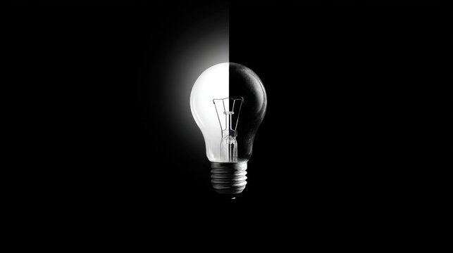 A striking black and white incandescent bulb divided by contrast, glowing left half with dark right side, symbolic duali