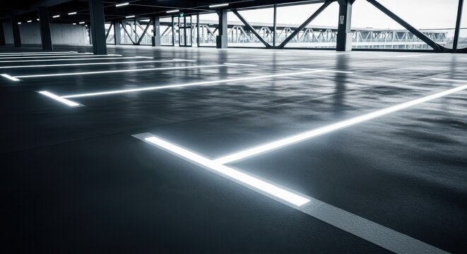 Modern parking garage interior with glowing white lines on a polished concrete floor, showcasing sleek architecture and illuminated bays