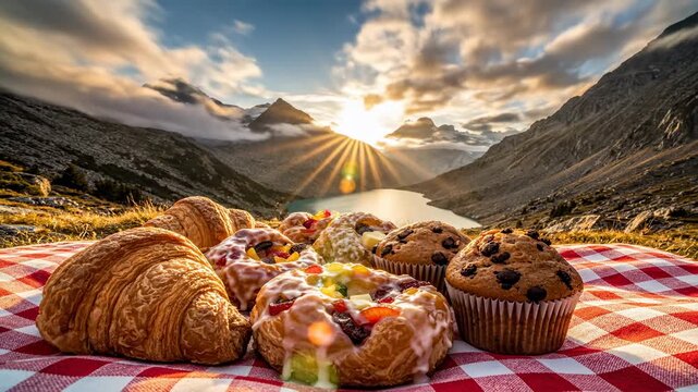 A picturesque picnic spread of pastries and muffins laid out on a red and white checkered blanket in a breathtaking mountain valley at sunset with a tranquil lake