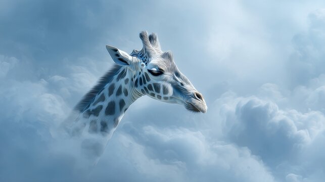 A serene silver giraffe emerges gracefully from soft billowing clouds in a dreamy ethereal sky.