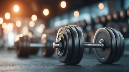 Fototapeta premium Heavy iron dumbbell on gym floor with blurred background in a fitness center dumbbell exercise