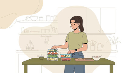 Fototapeta premium Woman meal prepping healthy food in containers for healthy lifestyle and diet