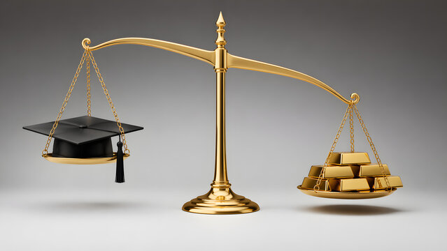 A minimalist scale weighs graduation cap against heavy gold bars showing imbalance between education and financial cost