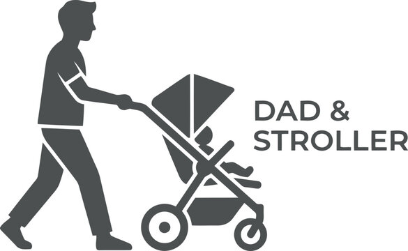 Silhouette of a father pushing a baby stroller with child inside illustration