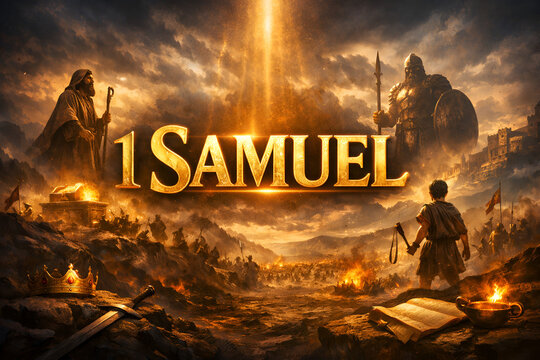 Cinematic Poster Design for 1 Samuel with Dramatic Golden Lighting and Ancient City Architecture Background
