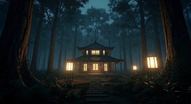 Japanese temple in forest at night