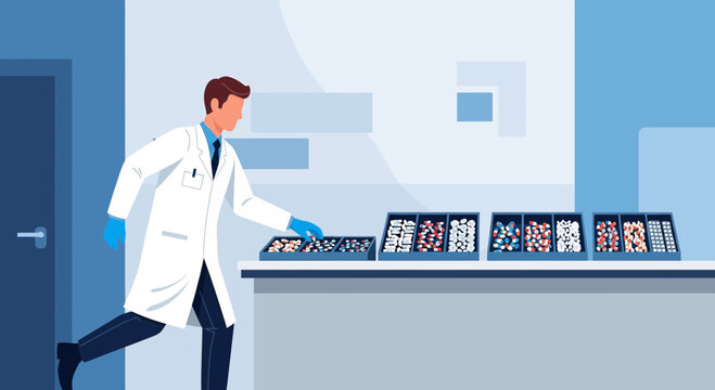 Scientist Sorting Medications in Laboratory, Pharmacy Dispensing, Prescription Filling