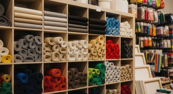 Wall-mounted cubby shelving unit displaying organized rolls of colorful fabrics and materials for retail or crafting purposes