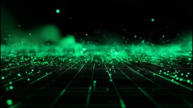 A vibrant green digital landscape stretches into the darkness, resembling a futuristic network or data stream.
