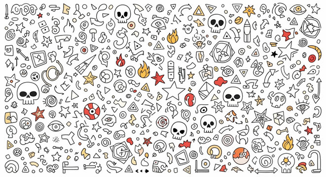 A dense, chaotic pattern of hand-drawn doodle icons featuring skulls, stars, flames, and various abstract symbols with splashes of red and yellow on a white background.