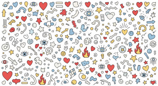 A vibrant and playful seamless pattern featuring a multitude of hand-drawn doodle icons including hearts, stars, flames, eyes, and arrows on a white background.