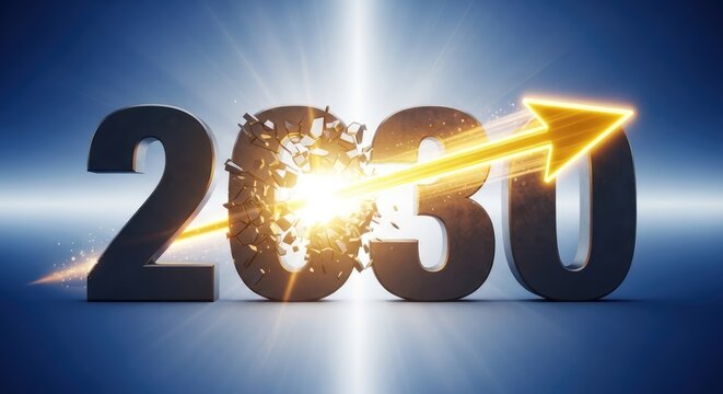 Glowing Arrow Piercing Dark 2030 Numbers on Blue Futuristic Background