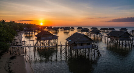 Obraz premium Tropical Sunset Over Stilted Water Village: Idyllic Island Paradise & Local Life