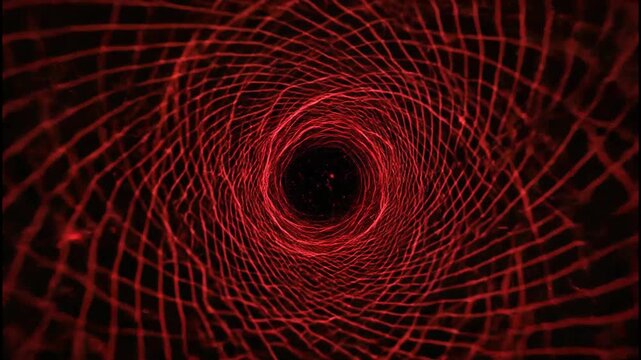 A mesmerizing abstract image depicts a glowing red tunnel or vortex, drawing the viewer into a dark, infinite center with intricate, interwoven lines.