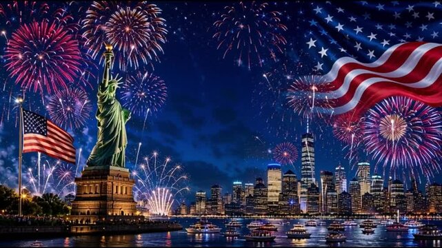 USA 250 Years of Independence Celebration Banner with Statue of Liberty, Fireworks Night Skyline, American Flag Patriotic Background, 1776&ndash;2026 Anniversary Design