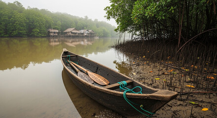 Obraz premium Traditional Wooden Boat on Mangrove Riverbank with Stilt Houses in Background