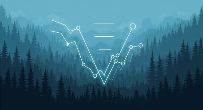 Abstract digital line graph with circular data points showing market volatility or environmental trends over a blue misty pine forest landscape and layered mountains.