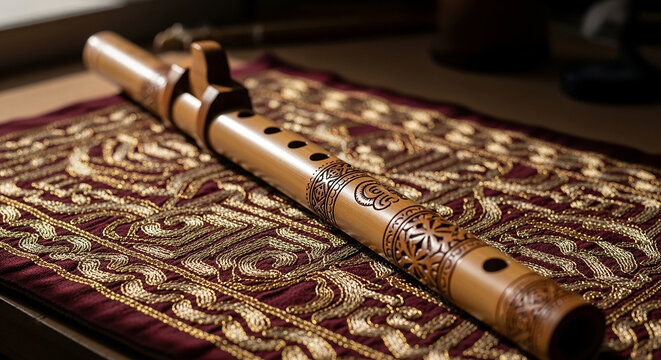 Traditional Wooden Flute on Ornate Fabric - Cultural Music Instrument
