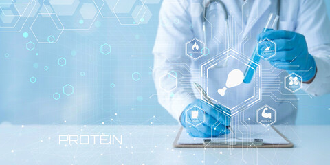 Fototapeta premium Scientist analyzing protein structure using digital tablet with futuristic technology interface and lab gloves