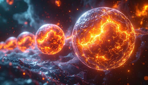 A cosmic scene with glowing orange orbs