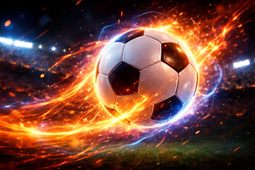Naklejka premium Dynamic Soccer Ball Engulfed in Vibrant Orange Flames and Fire Sparks on a Dark Background
