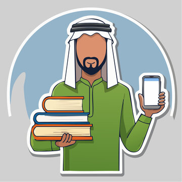 Man in traditional clothing holding books and smartphone