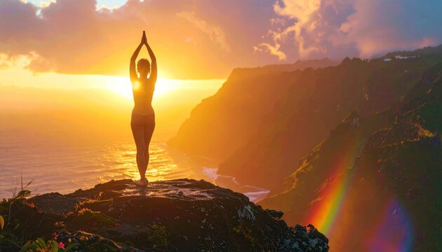 Silhouette of person in yoga pose, illuminated by the setting sun