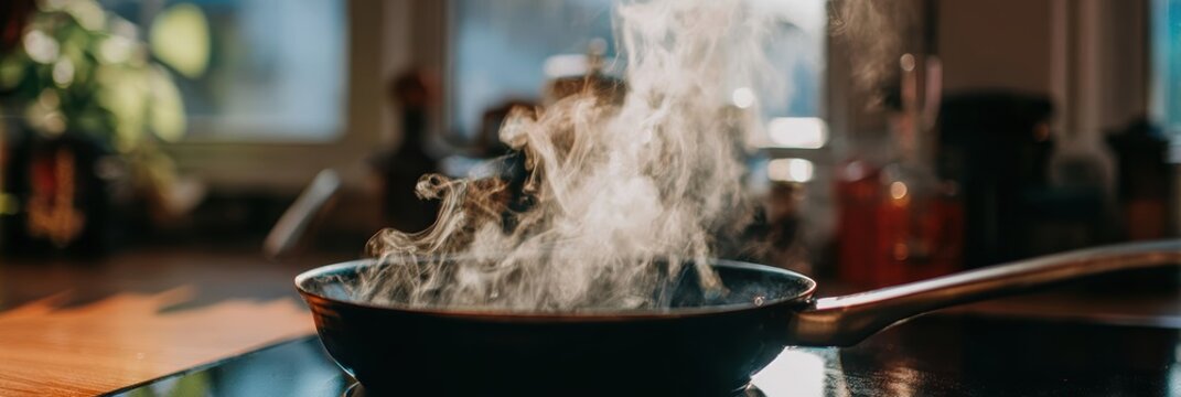 キッチンの黒いフライパンから蒸気が上がって調理する