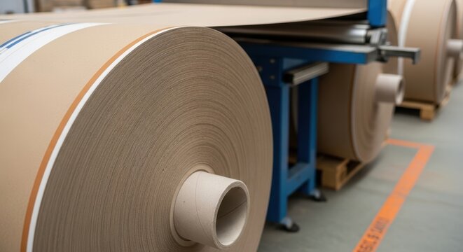 Corrugated cardboard roll in factory production line with industrial equipment