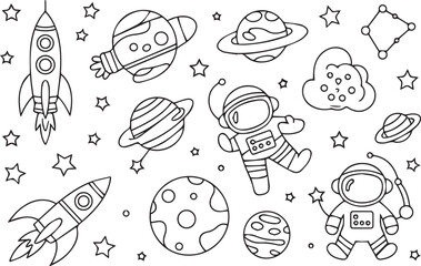Fototapeta premium Astronaut Outer Space Adventures Coloring Book Collection with Rockets Planets Galaxies Moon Constellations and Shooting Stars Line Art for Children Set