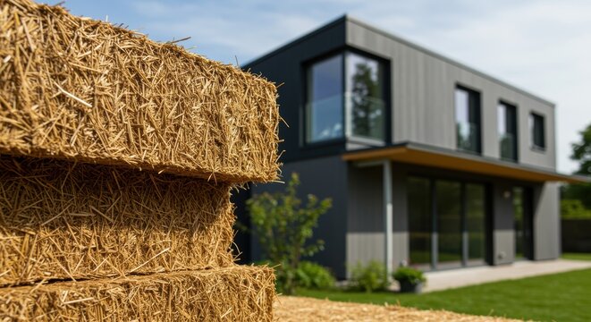 straw bale stack near modern house exterior in sunny residential setting