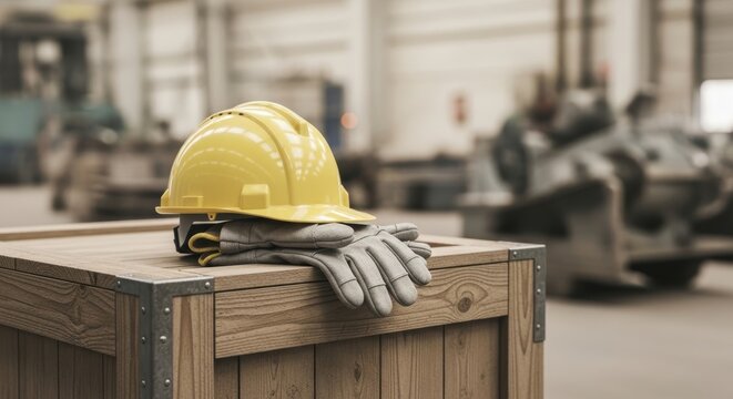 safety helmet and gloves resting on wooden crate in industrial factory setting