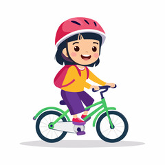 Fototapeta premium Happy Girl Riding a Bicycle with Helmet and Backpack