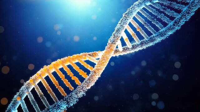Detailed depiction of DNA helix, strands and structure, with bokeh on dark blue background