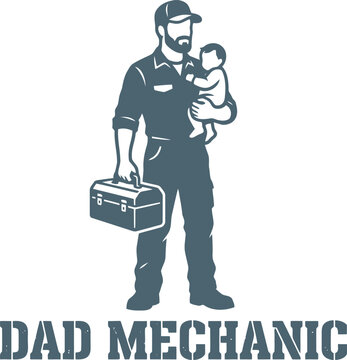 Illustration of a dad mechanic holding baby and toolbox showing fatherhood and profession