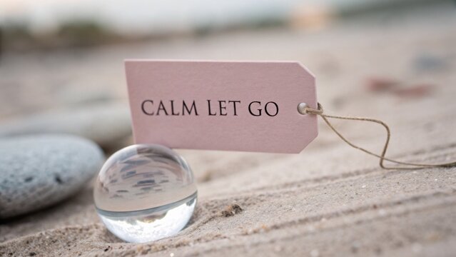 Calm Let Go Message Tag on Sandy Beach Beside Reflective Glass Orb